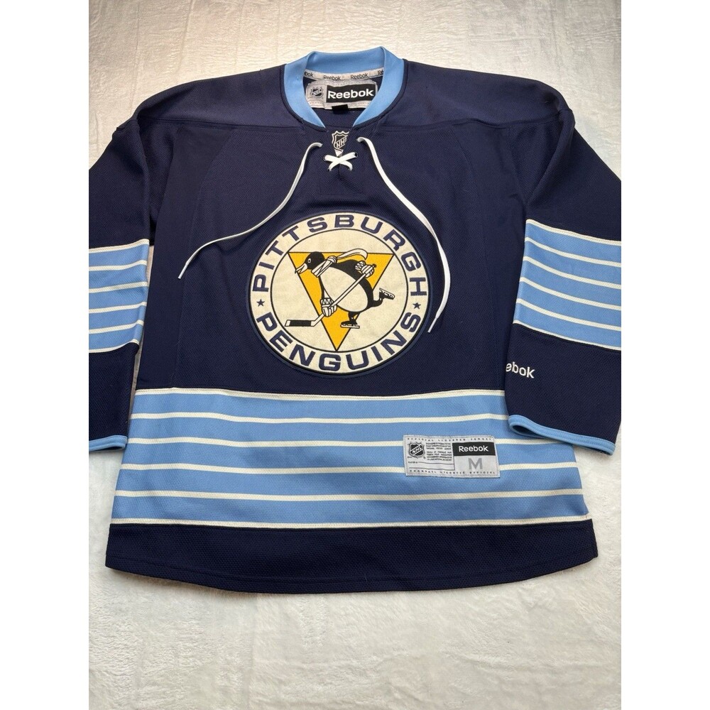 Reebok Pittsburgh Penguins NHL Hockey Jersey Men's Medium Navy Blue Light Blue